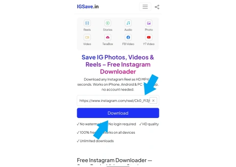 Pasting an Instagram Reel link into IGSave
