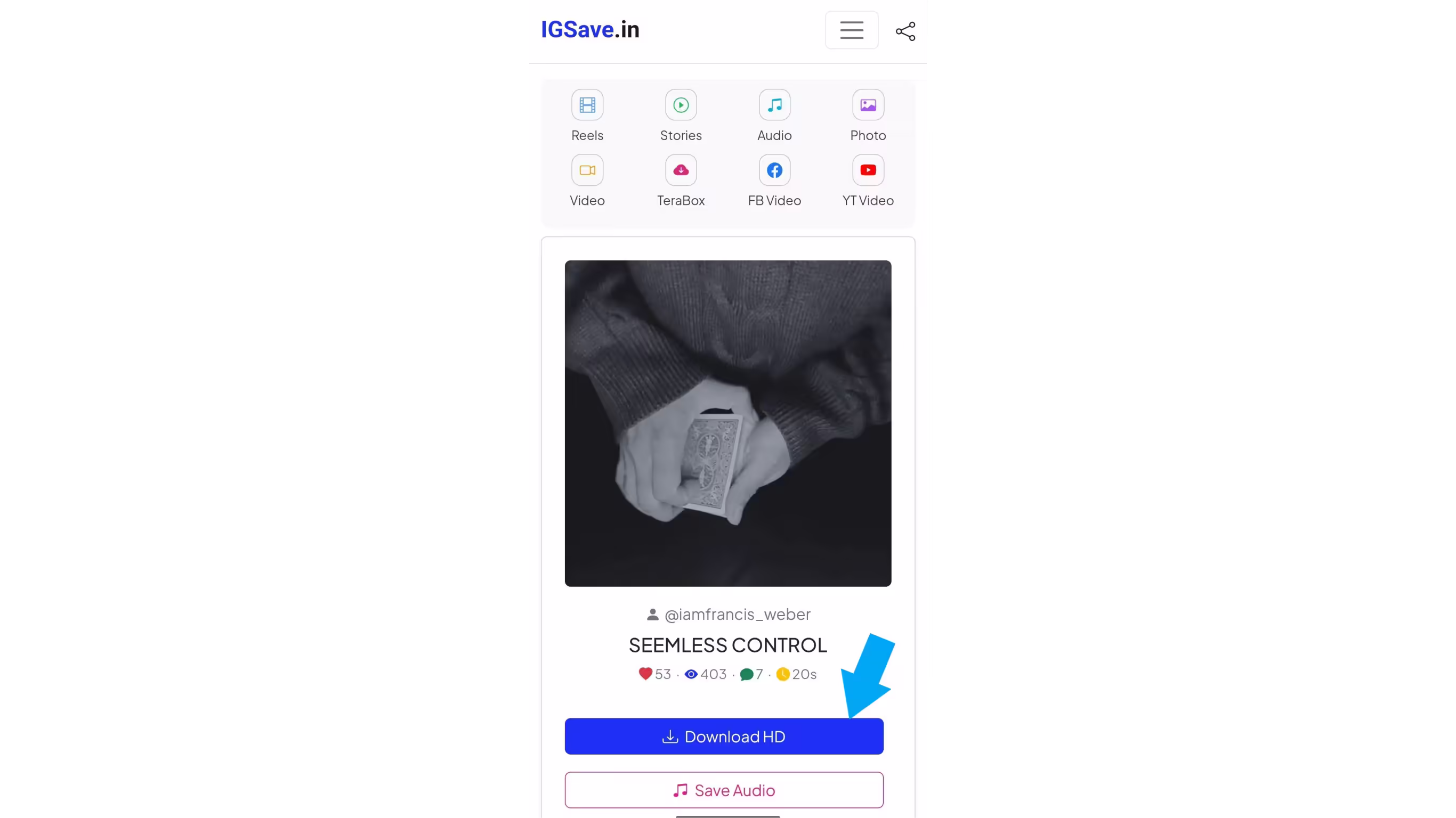 Downloading an Instagram Reel video using IGSave
